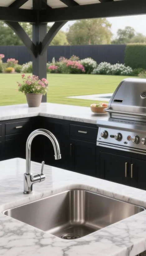 Corner kitchen sink with angled design in stainless steel, embedded in gray countertop with white cabinets, window with blinds, and wooden cutting board visible